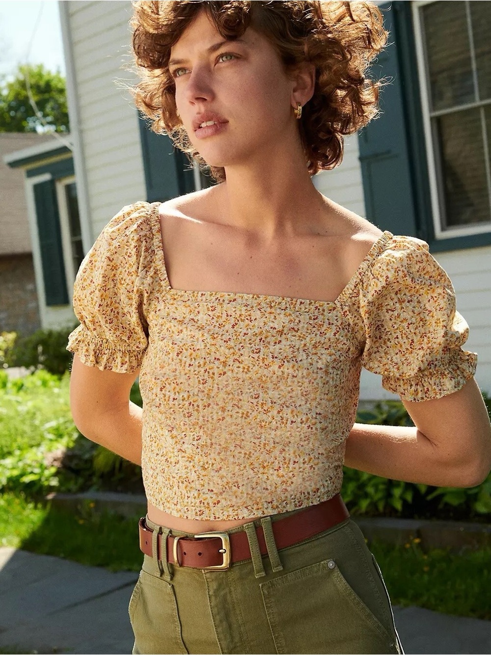 Madewell Hopewell Floral Square-Neck Puff Sleeve Crop Top